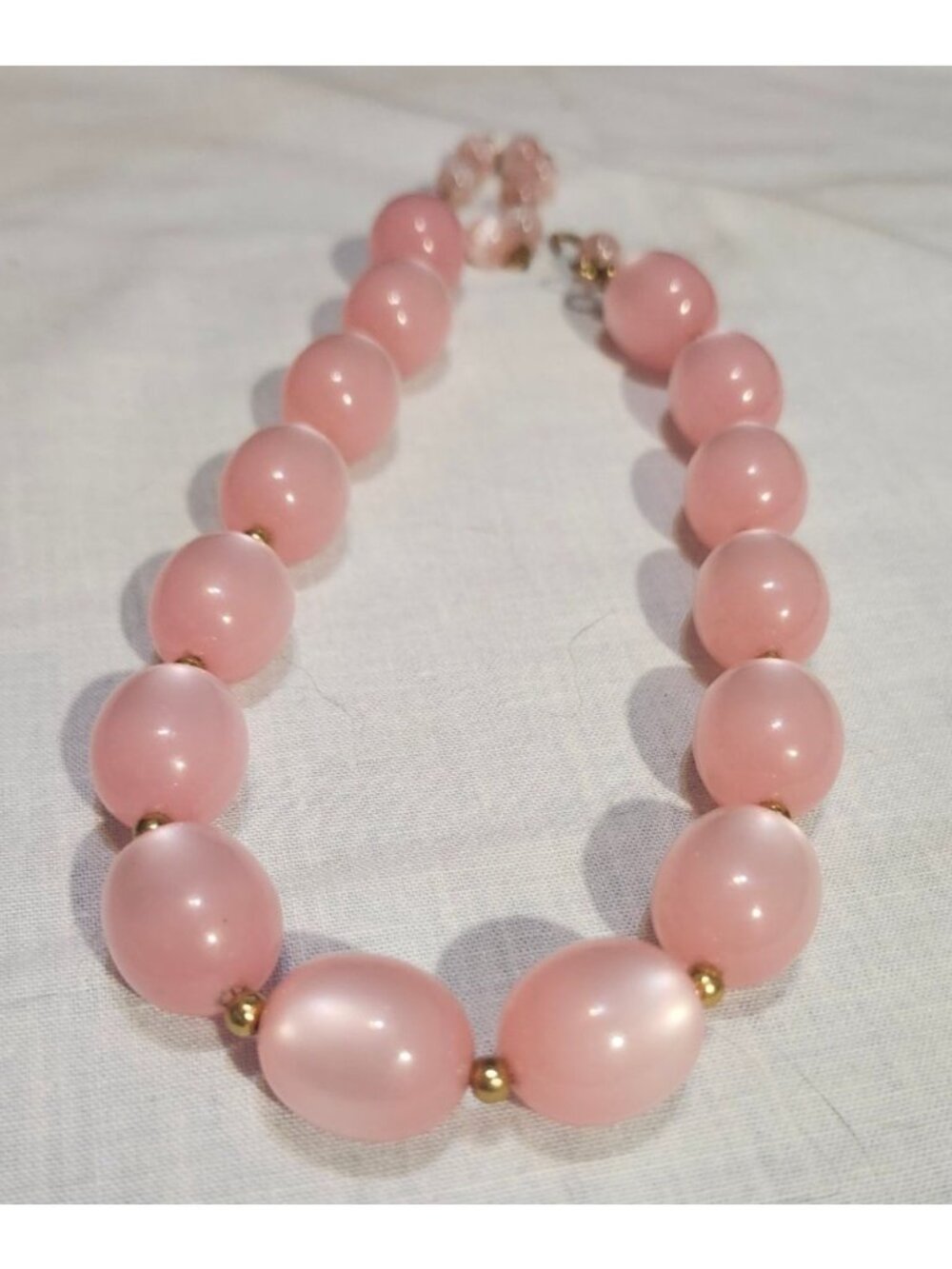 Vintage Pink Acrylic Faux Moonstone Beaded Necklace Gold-Tone Accents - Picture 3 of 4
